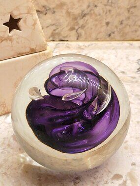 VINTAGE ART GLASS PAPERWEIGHT PURPLE HAND BLOWN SIGNED JABLONSKI POLAND MURANO